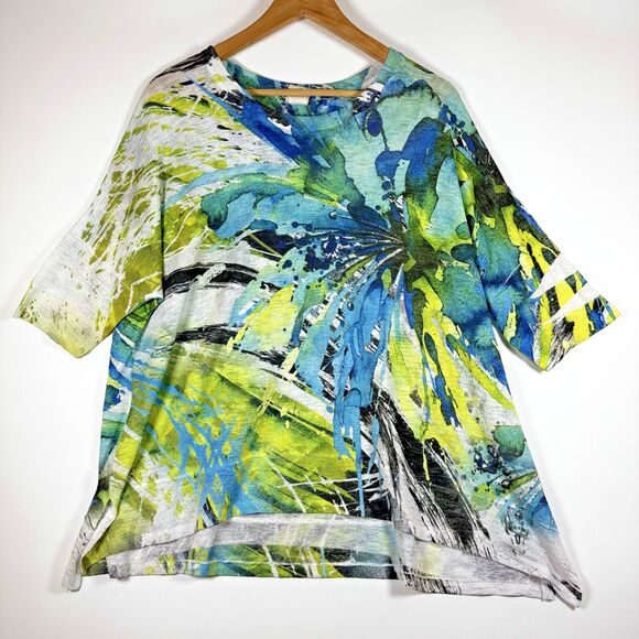 Jess & Jane Shirt Womens Large Blue Green Rain Forest Print Made USA CP1-672 - Picture 1 of 13